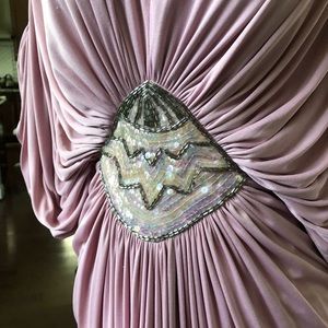 VTG Tadashi Dress ‘80s Pink Silky Jersey Evening Gown W/ Beads Sequins/Draping